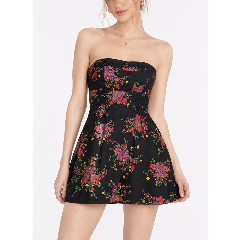 Free People Poison Apple Strapless Floral Mini Dress Black Colorful Print Size 2